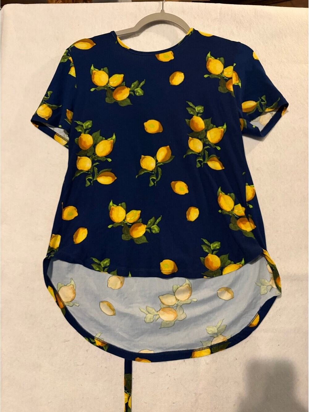 JustFab Blue Lemon Print Lace-Up Back Short Sleeve Top Size Small
